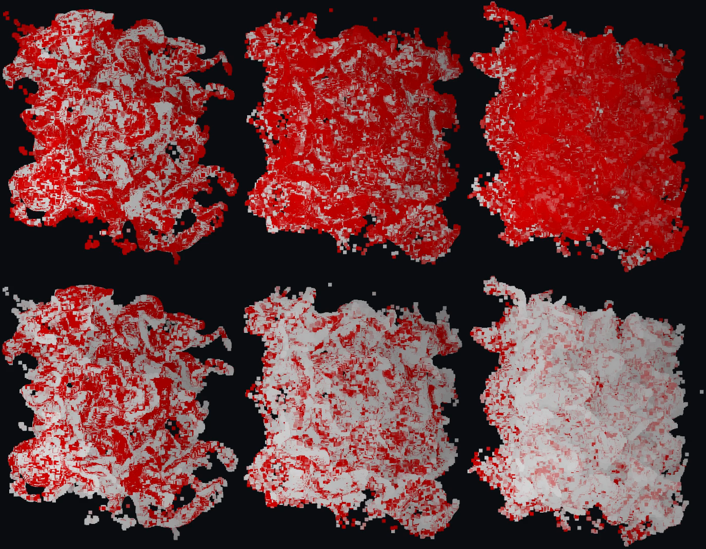 A.I.O.O.N., 2026: six rotating red and white particle forms