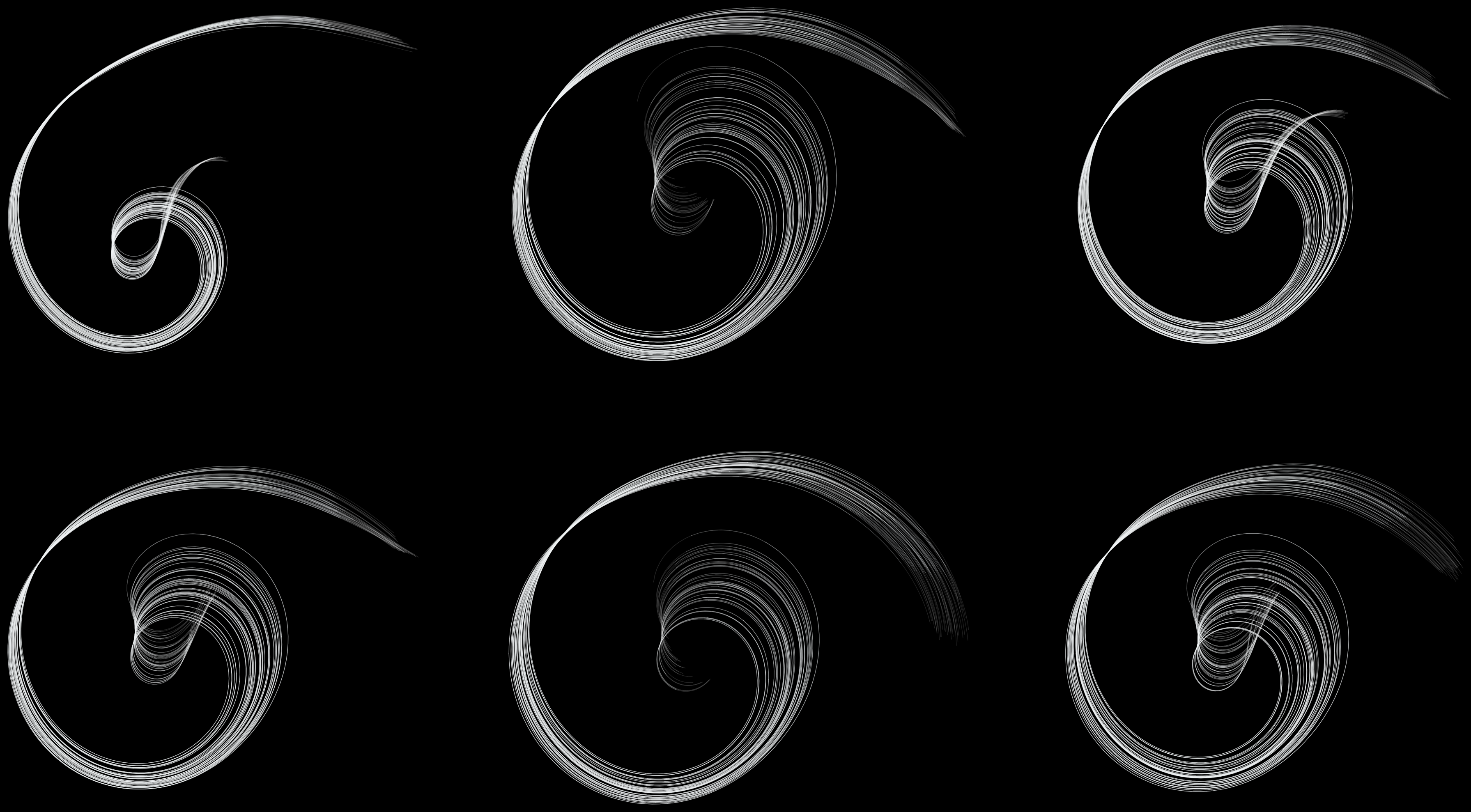 Six particle trajectories shaped by trained self-replicating neural networks